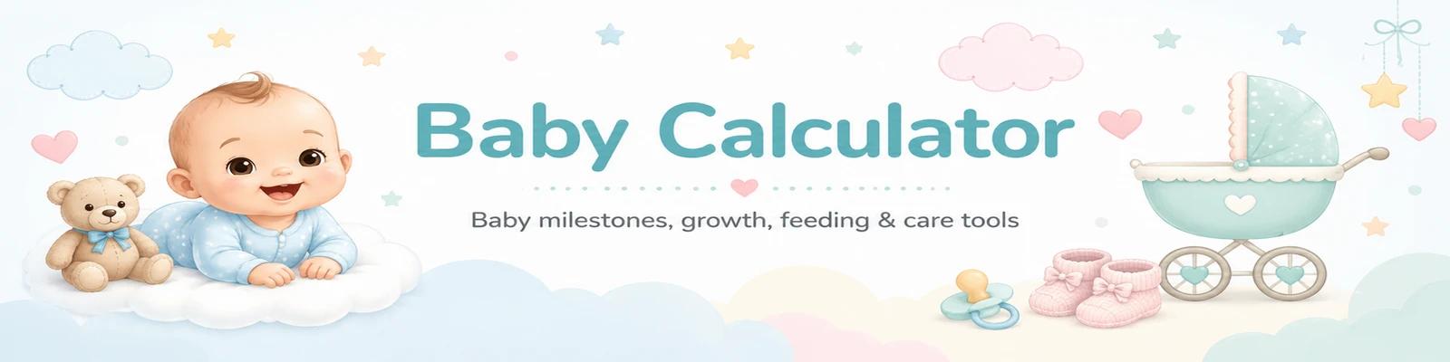 Baby Calculator website header with smiling baby, teddy bear, stroller, baby booties, and pastel nursery decorations